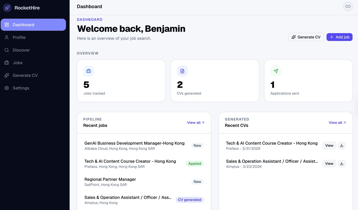 RocketHire dashboard with job pipeline and tailored CVs