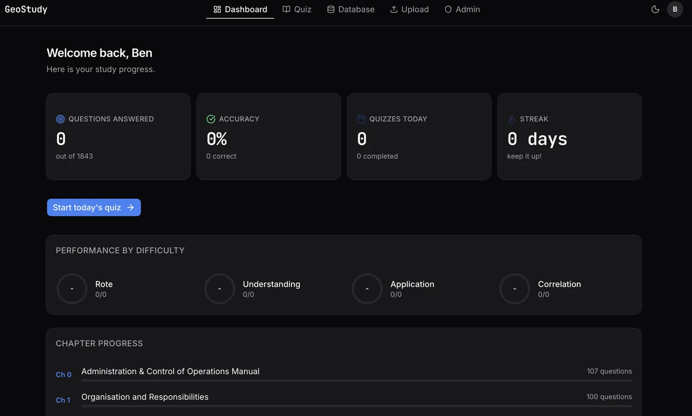 GeoStudy dashboard with study progress