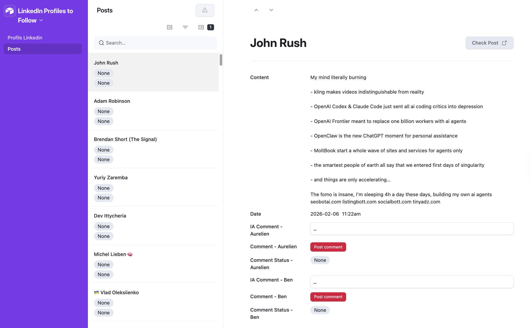 Airtable interface showing the influencer list on the left, posts panel in the middle, and a detailed post view with AI comment draft, post button, and status fields per operator